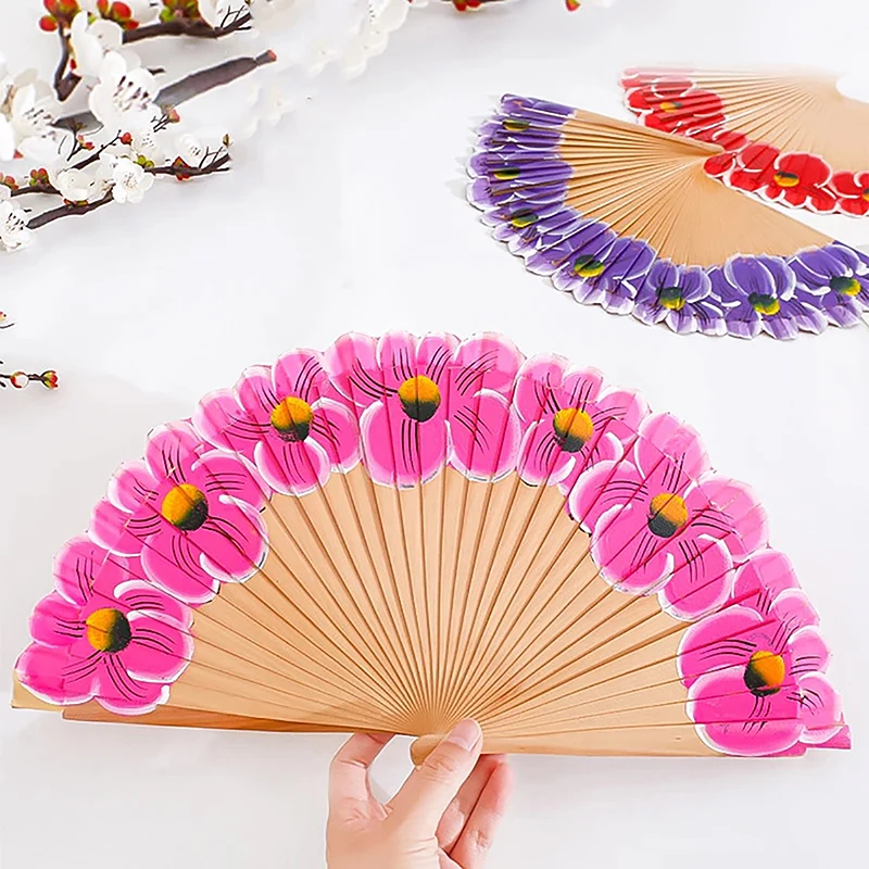 Classical Wooden Hand Fan Handmade Painted Flower Folding Fans Chinese Style Kung Fu Fan Craft Catwalks Dance Cosplay Props