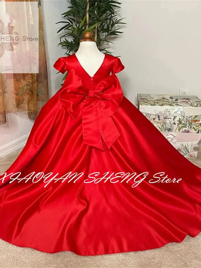 Red/White Satin Flower Girl Dress Wedding Princess Short Sleeve Elegant Birthday Party Formal Occassion Baby Kids Ball Gown