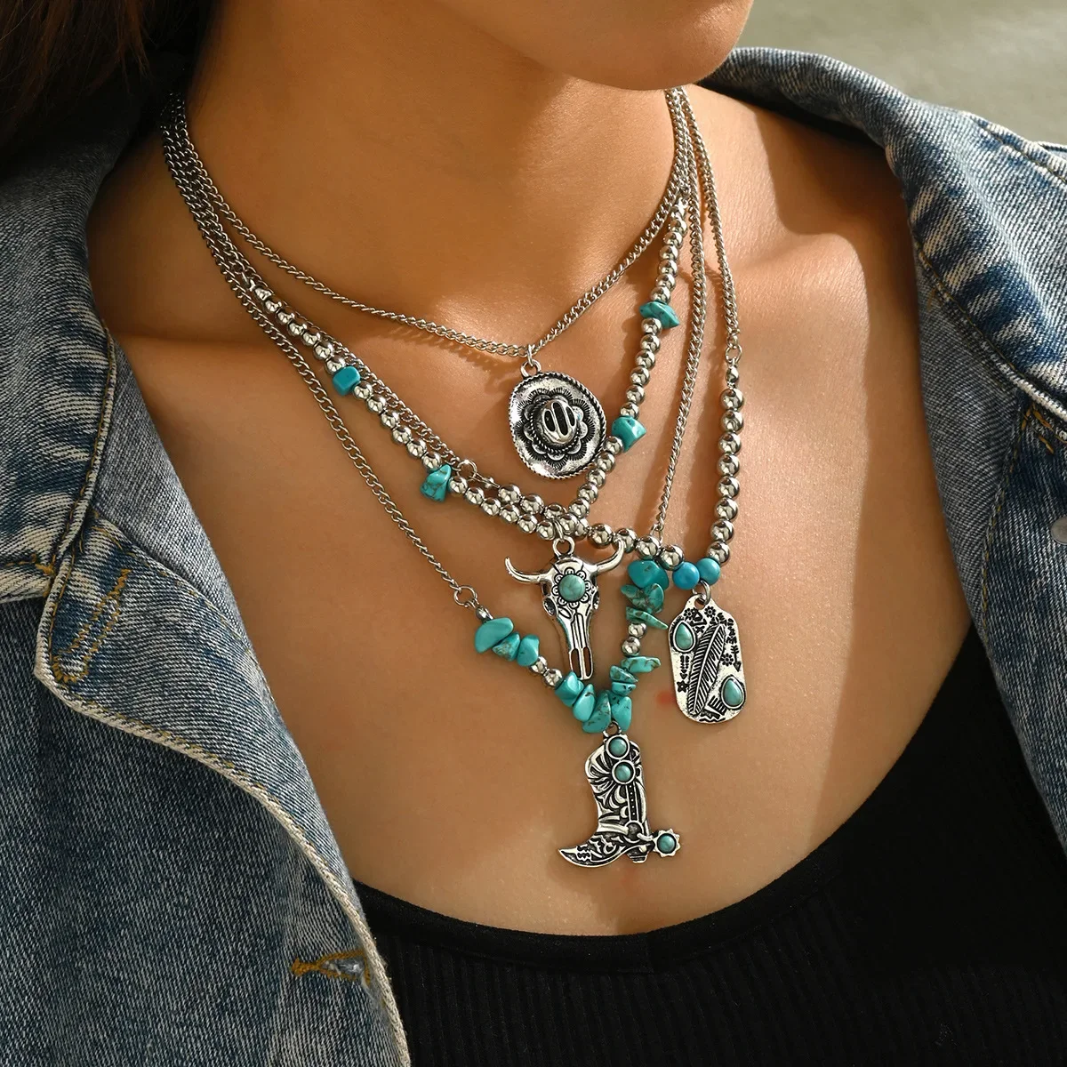 Retro Cross-Border Imitation Turquoise Skull Lockbone Chain Necklace Ethnic Style Cactus Cowboy Hat Multi-Layered Jewelry