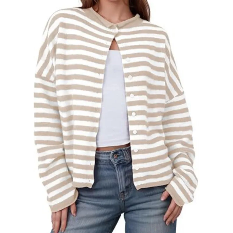 

2025 темпераментный женский вязаный кардиган, осенняя модная полосатая свободная куртка, повседневная универсальная вязаная куртка