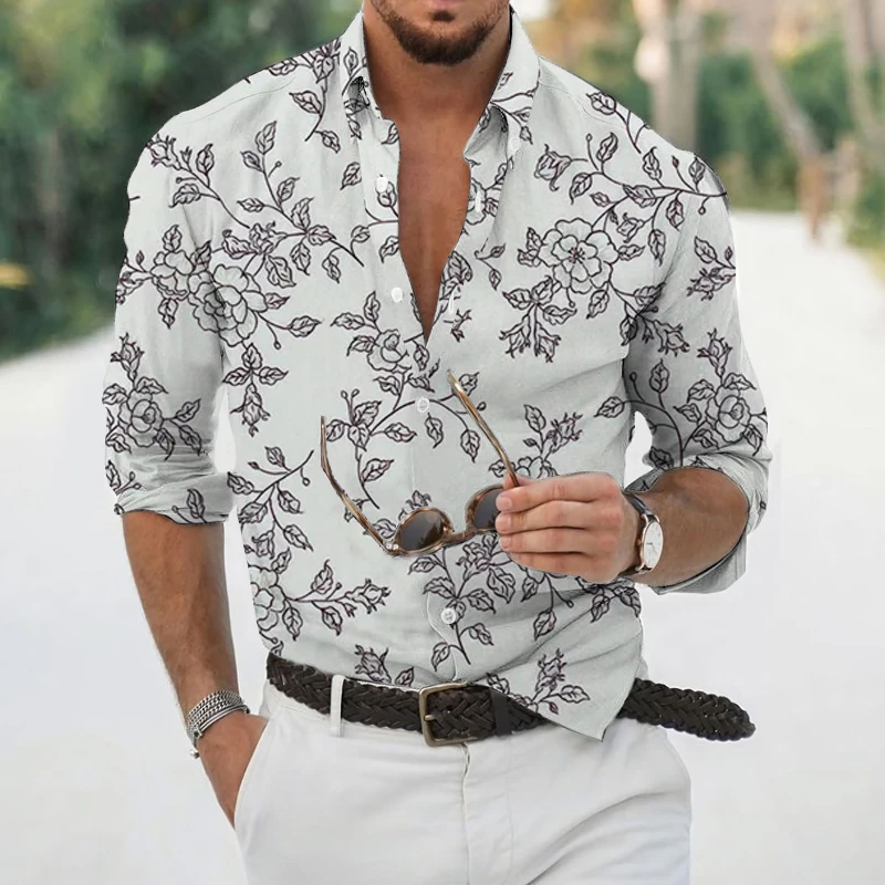 

Floral Digital Printing Men's Slim Shirts Spring Autumn Casual Lapel Street Fashion Party Long Sleeve Shirts