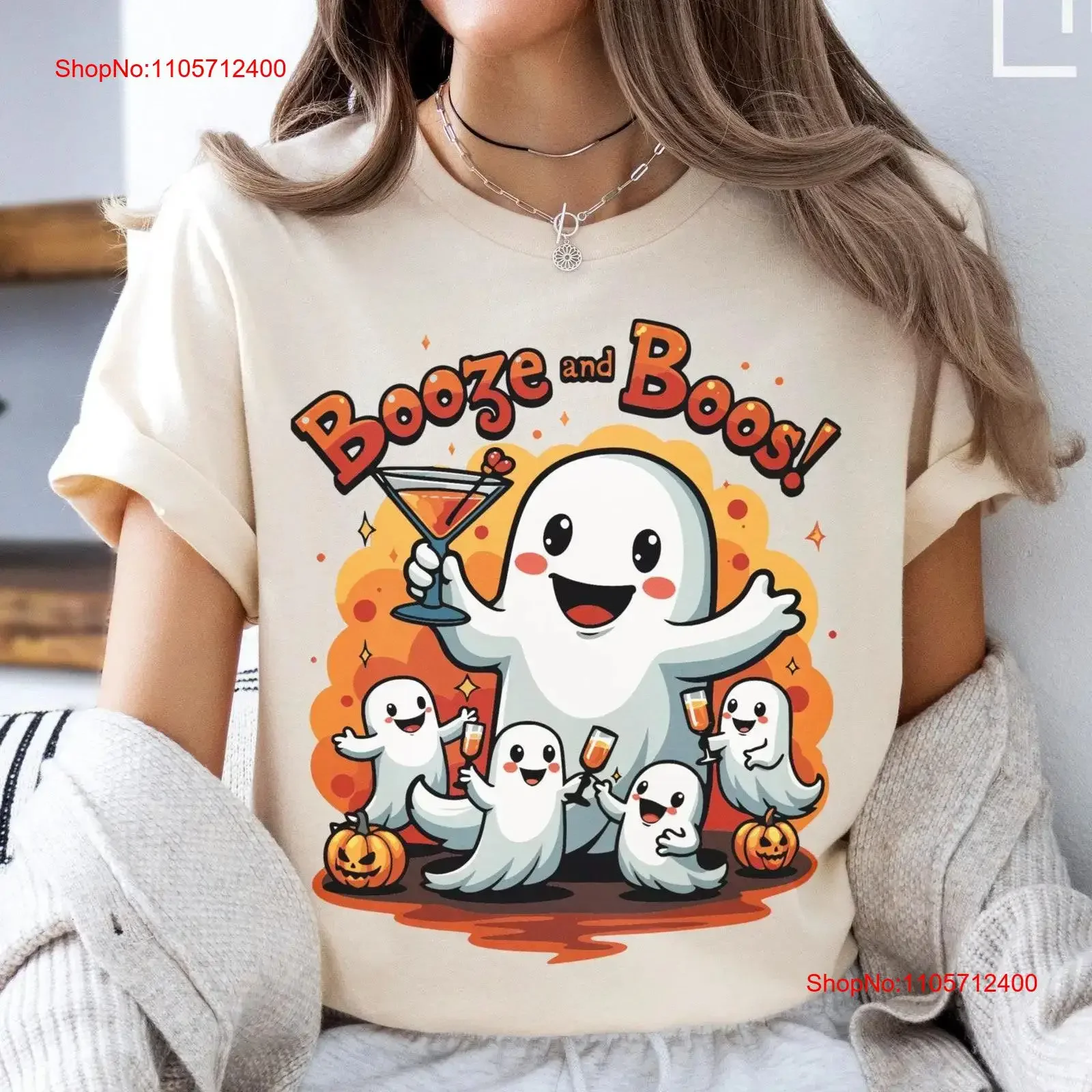 Booze and Boos T Shirt Funny Cute Ghost Halloween Party Spooky Season Drinking vintage Washed streetwear Stretched Casual