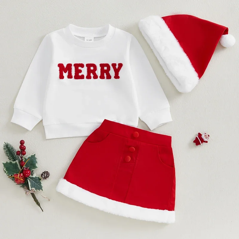 Kids Clothes Girls Christmas Outfit Long Sleeve  Letters Sweatshirt Patchwork Skirt and Hat  Xmas Children\'s Clothing