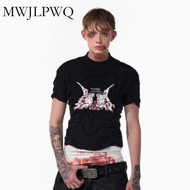 

MWJLPWQ плиссированная футболка с дизайном Niched, мужская уличная футболка 2021, летние утягивающие черные топы с принтом и короткими рукавами, новые модные 010993