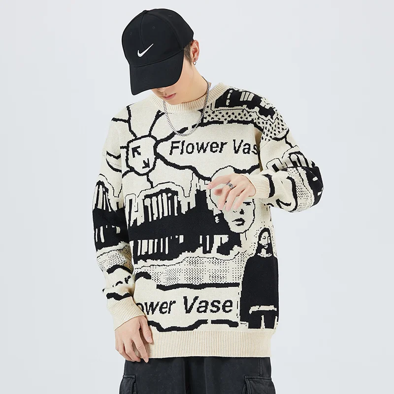 

Men's Autumn Letter Element Graffiti Sweater Crewneck Knitted Long-sleeved Versatile Cardigan Casual Men's Skin-friendly Sweater