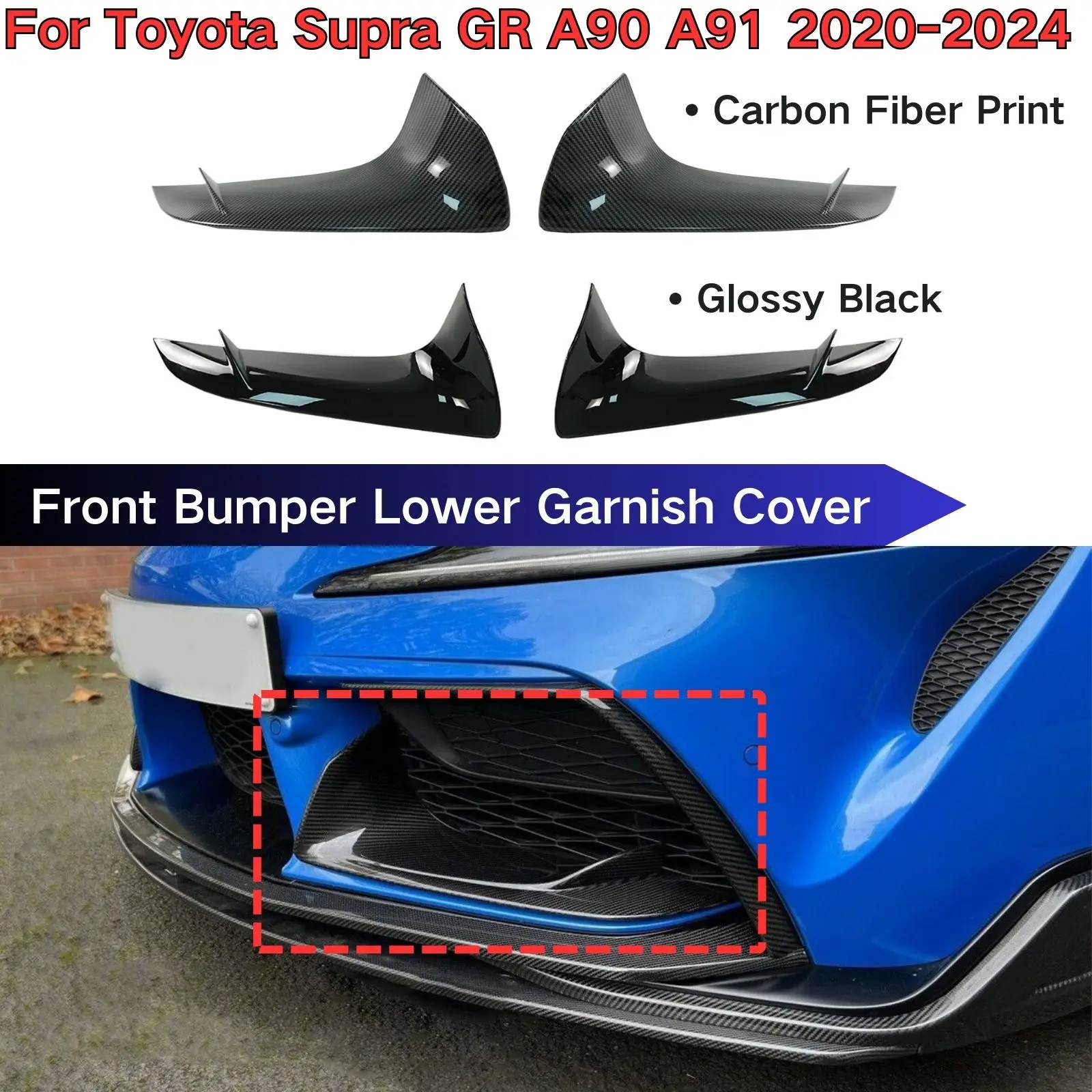 For Toyota Supra GR A90 A91 2020-2024 Car Front Bumper Lower Garnish Air Vent Cover Body Kit Auto Accessories Glossy Black 2PCS