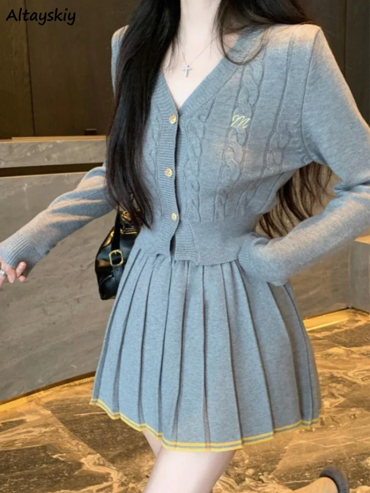 Pleated Skirts Sets Women Preppy Autumn V-neck Cardigans High Waist Mini Skirt Fashion Ulzzang College Sweet Knitted Two Pieces