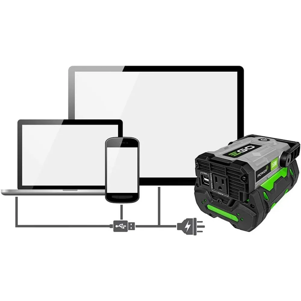 مولد عاكس محمول، 150 وات، تشغيل هادئ، مخرج تيار متردد ومنافذ USB، البطارية غير متضمنة