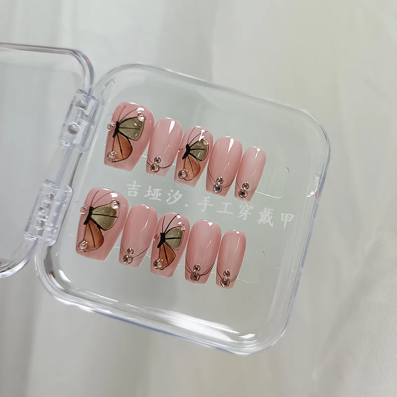 Pink Handmade Nails Press on Full Cover Professional Nails Manicuree Heart False Nails Japanese Wearable Artificial With Designs