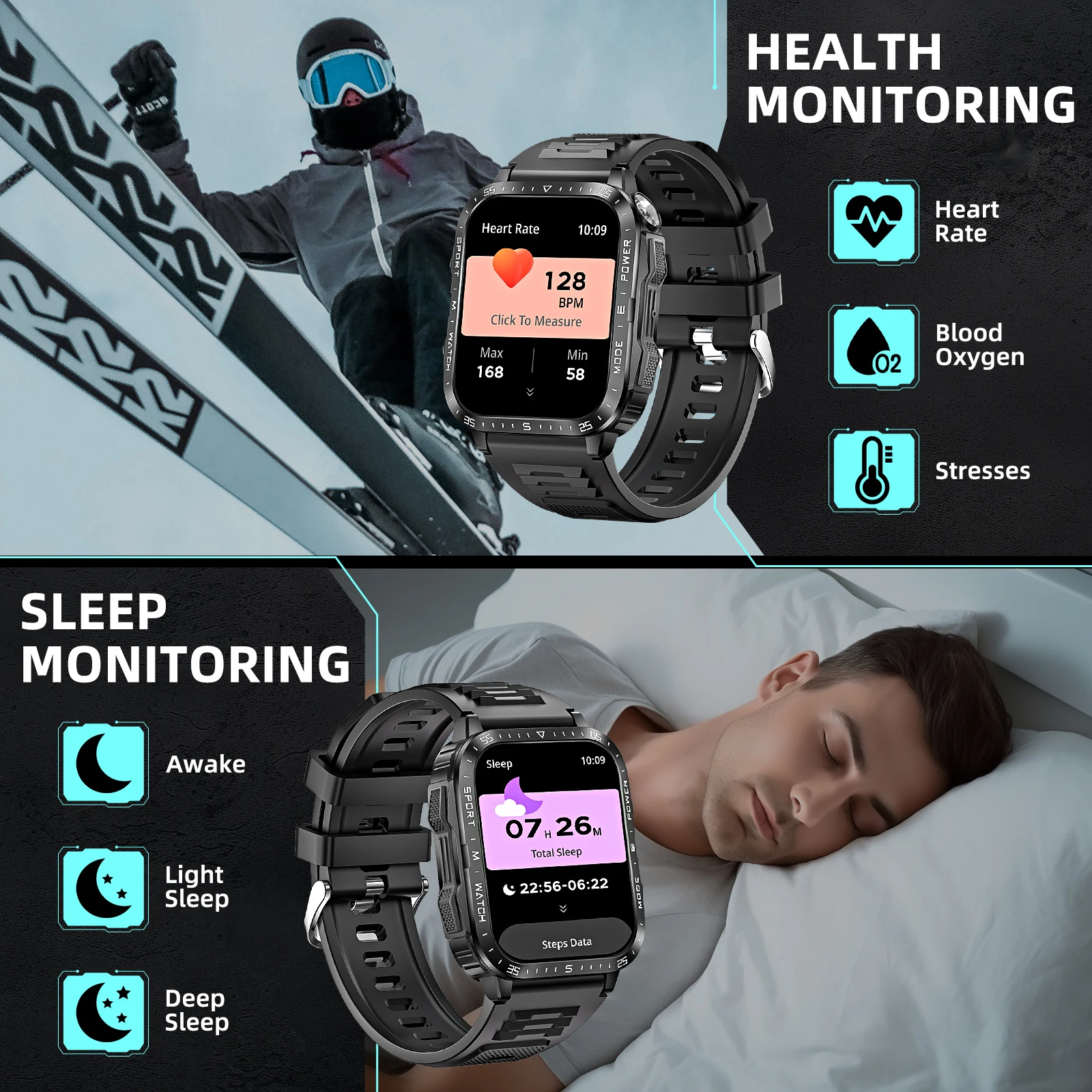 EIGIIS New Military Smart Watch 3ATM Waterproof Watch Fitness Tracker with Heart Rate Sleep Monitor MakeCalls for iPhone Android