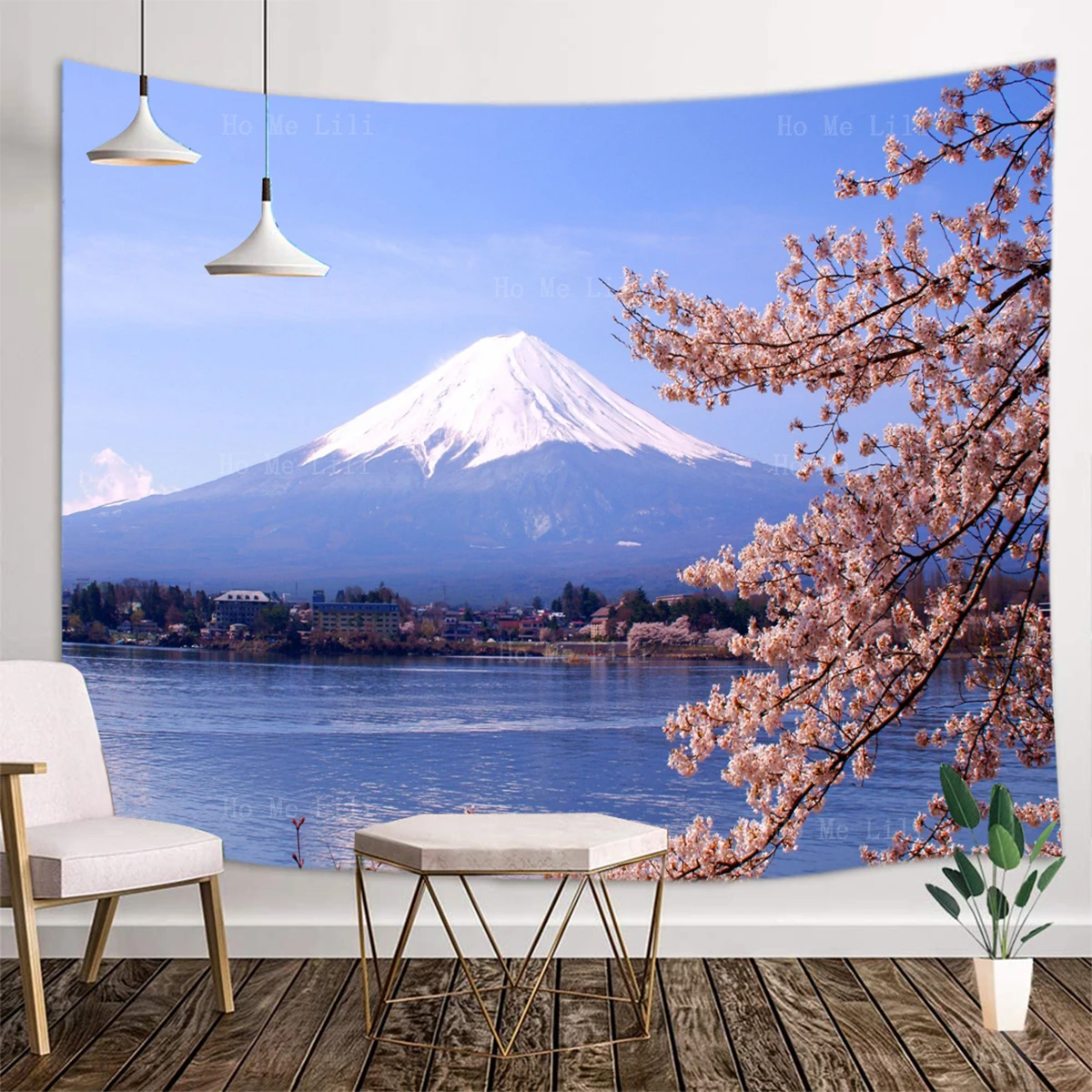 Mountain Fuji Cherry Blossom Japan Lake Tree Flowers Natural Scene Building Wonder Aesthetic Wall Hanging Decor Tapestry