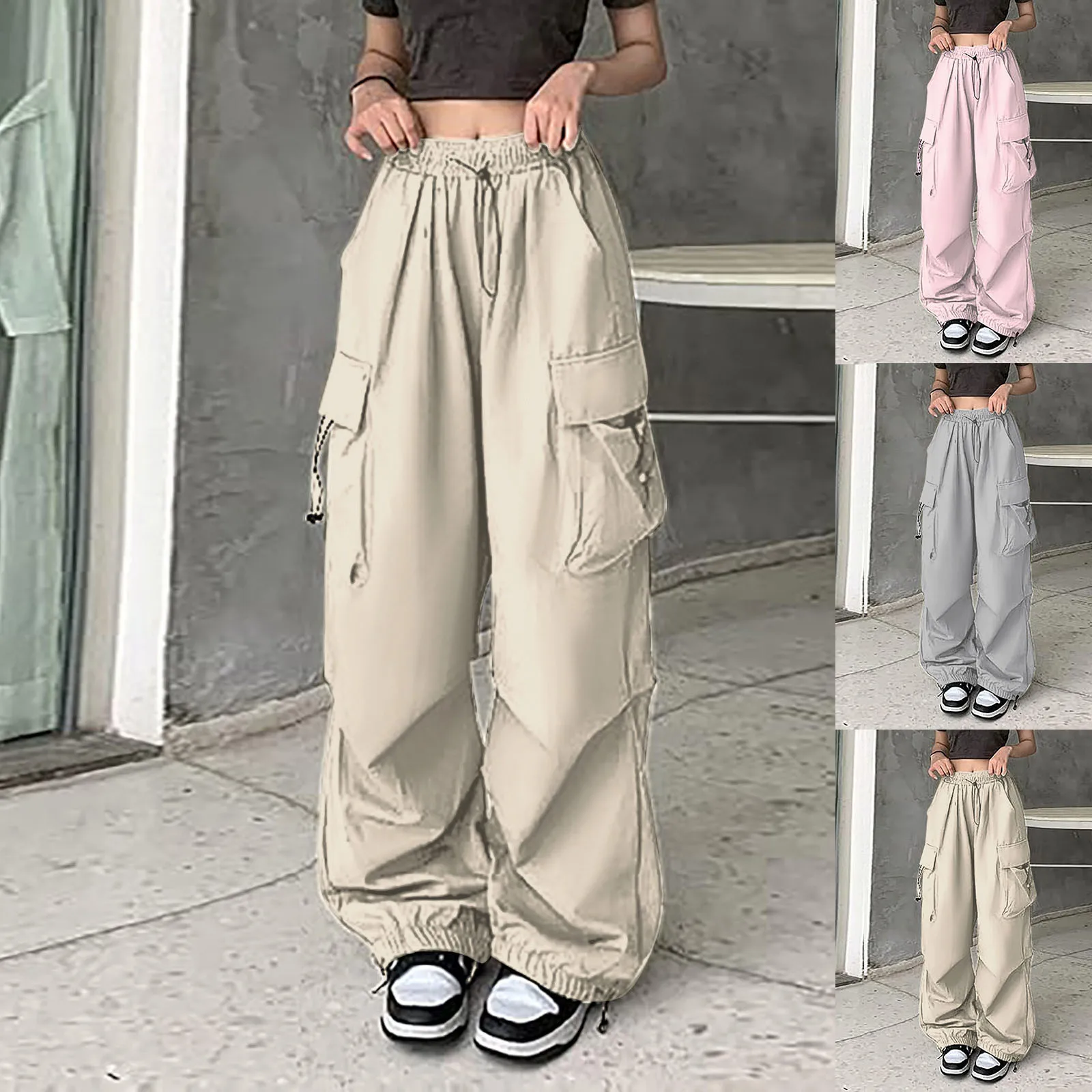 Womens Baggy Cargo Pants Streetwear Hip Hop Joggers Sweatpants Drawstring Casual Loose Women Business Casual Pants plus Size