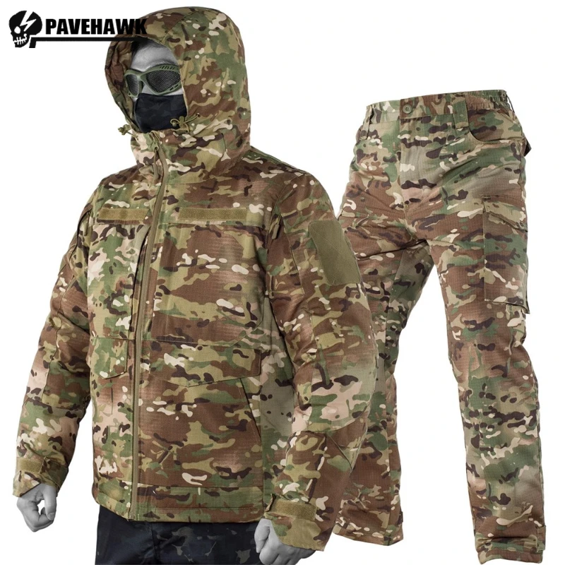 Camouflage Winter Cold-Proof Sets Mens Hooded Multi Pocket Tactical Cotton Jacket+Thicken Cargo Pants 2-piece Warm Outdoors Suit