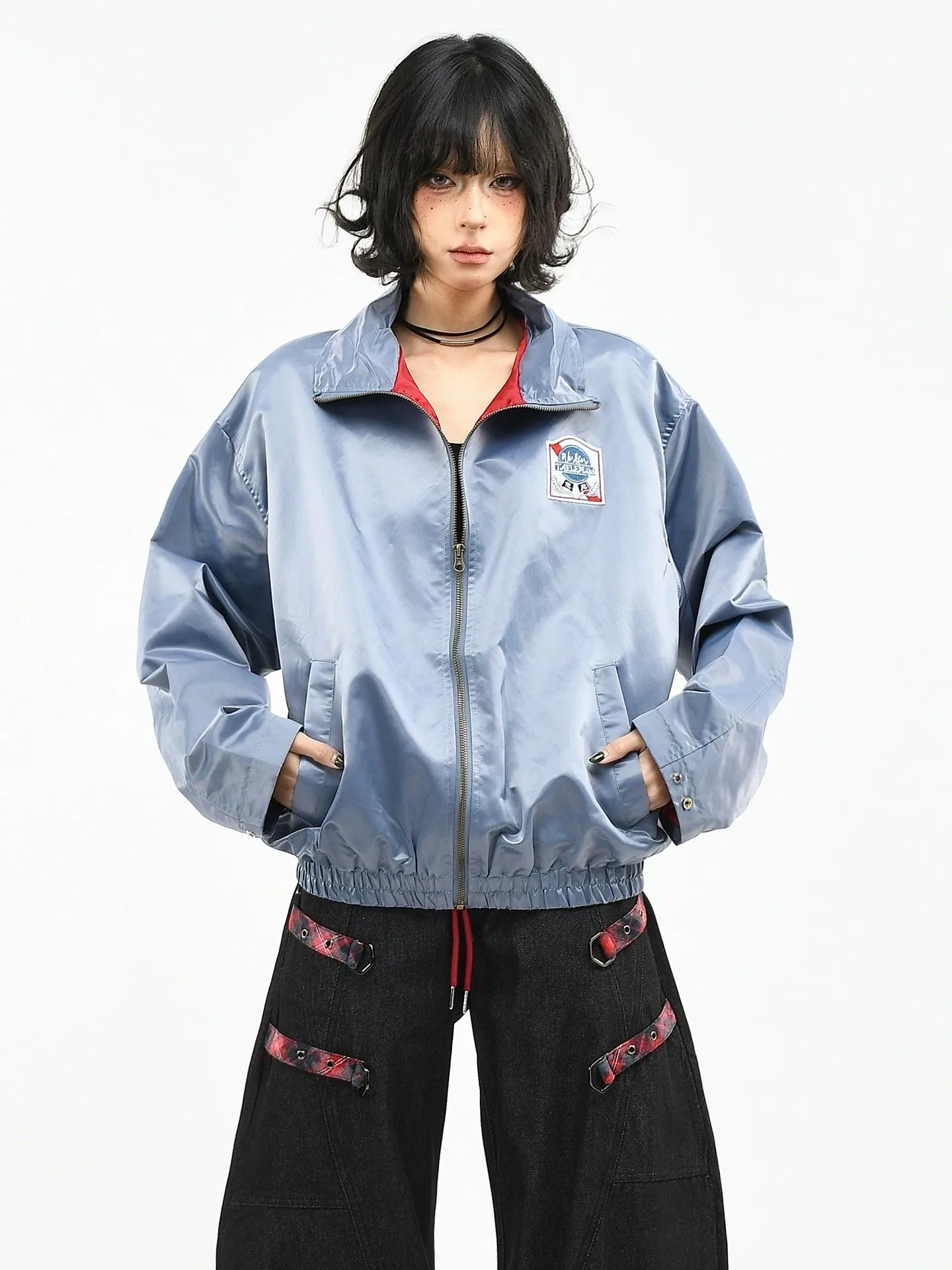 American Style Nylon Shiny Patchwork Embroidered Stand Collar Jacket Women's Loose Short Flight Jacket Autumn New Arrival