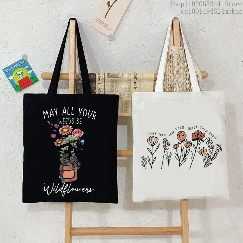 Vintage Style Wildflower Graphic Canvas Tote Bag Women Aesthetic Shopping Bags Floral Casual Teachers Gifts Plant Shoulder Bag