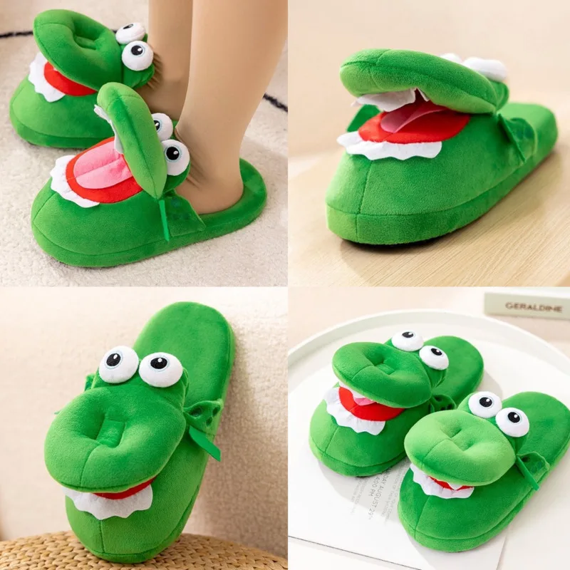 Green Crocodile Cotton Shoes Y2k Will Open Mouth Slippers 4Season Cotton EVA Cartoon Home Leisure Anti Slip Couple Student Shoes