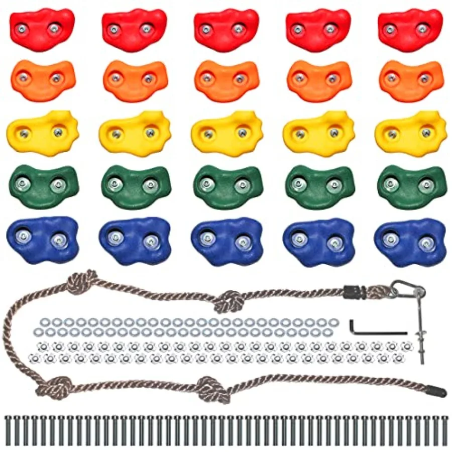 

Rock Climbing Holds for Indoor Outdoor Rock Wall Climbing Kit with Mounting Hardware Knotted Rope and 25 Handles Playground Acc