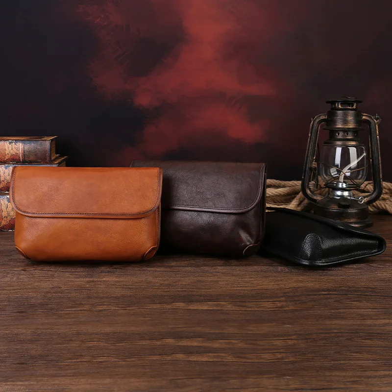 Plant tanned leather vintage men shoulder small square bag simple lightweight clamshell commuting crossbody bag