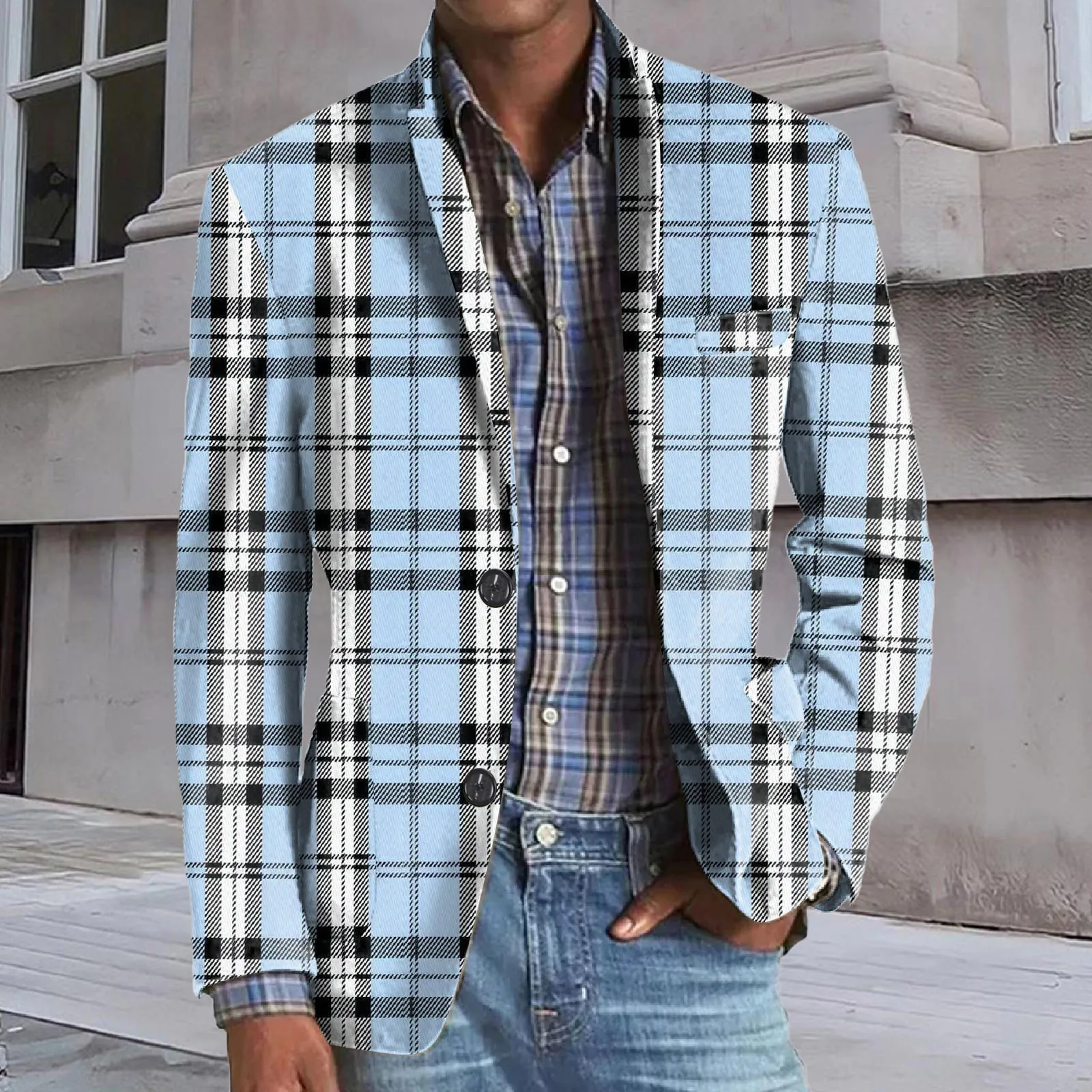 Plaid Color Block Two Buttons Suit Jacket for Men Lapel Long Sleeve Slim Fit Suit Coat Business Work Fashion Casual Blazer