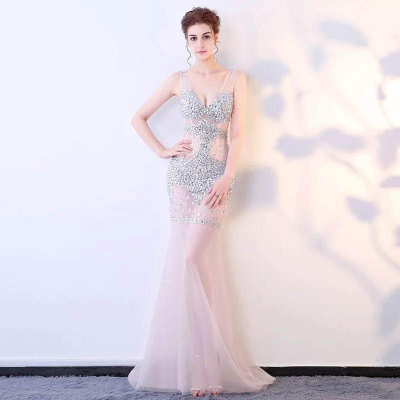 

Sexy See-tough Long Dr Deep V-ne Hand-sewn Rhinestones Me Evening Gown for Par Performance ow Stopper