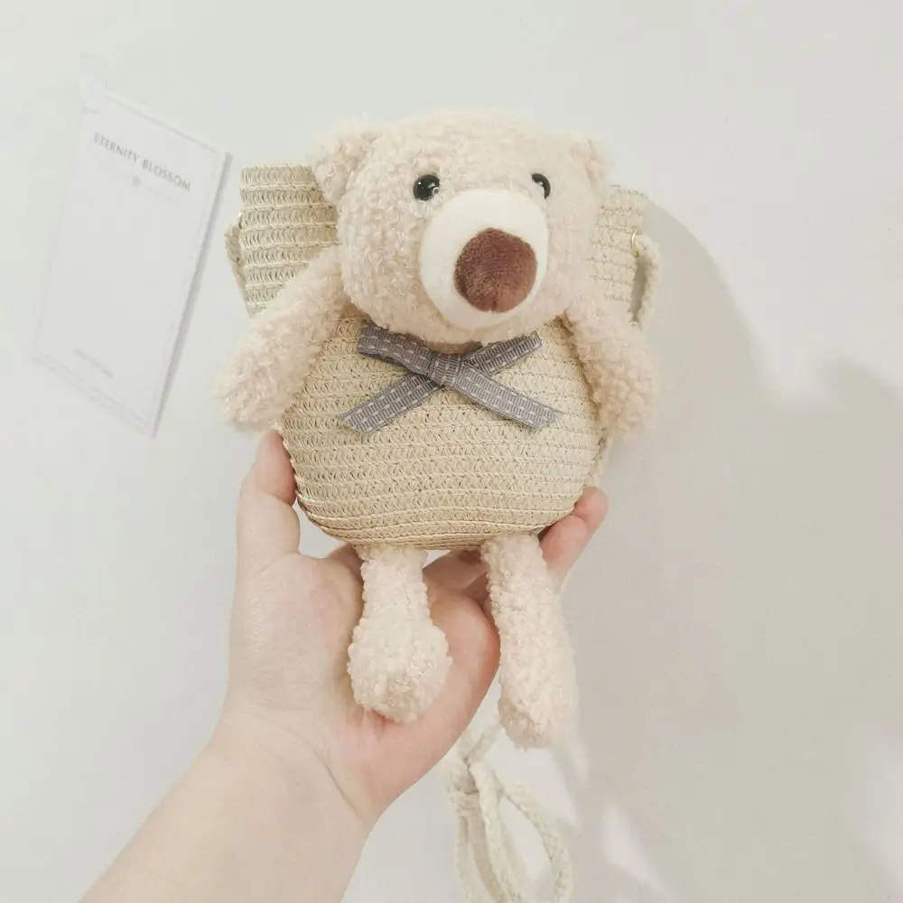 

Girls Mini Straw Crossbody Purse Bear Bow Ornament Children Daily Shoulder Messenger Bag