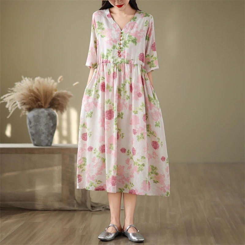 

Retro Floral Print f Sve A-Line Dr V-Ne Waist Cinched Loose Fit Summer Casual Cotton Long Dr for plus Size Women