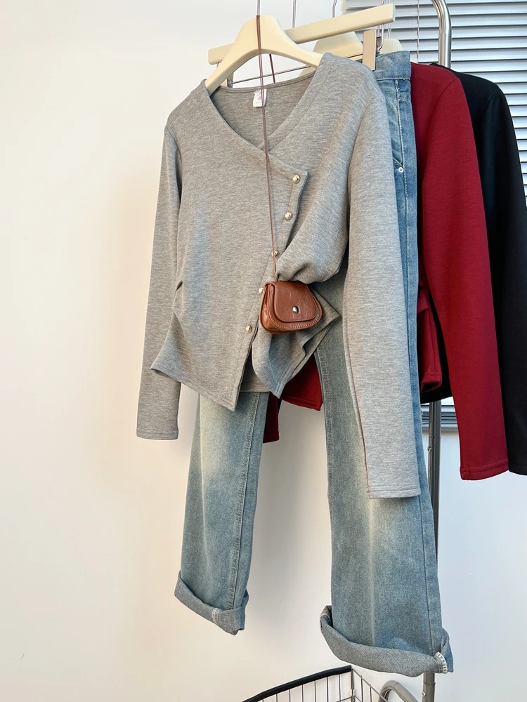 

Женская футболка с длинным рукавом и V-образным вырезом, утягивающая талию, с асимметричным дизайном, весна 2026, большие размеры, корейский стиль