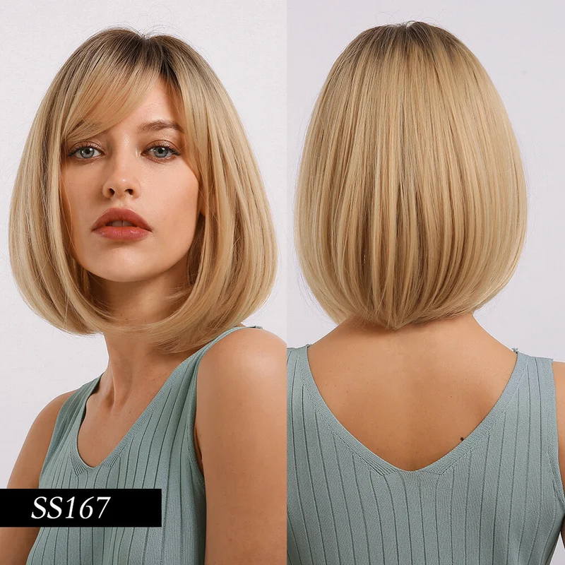 Ombre Dark Blonde Bob Wigs for Women with Bangs Dark Roots Heat Resistant Wigs
