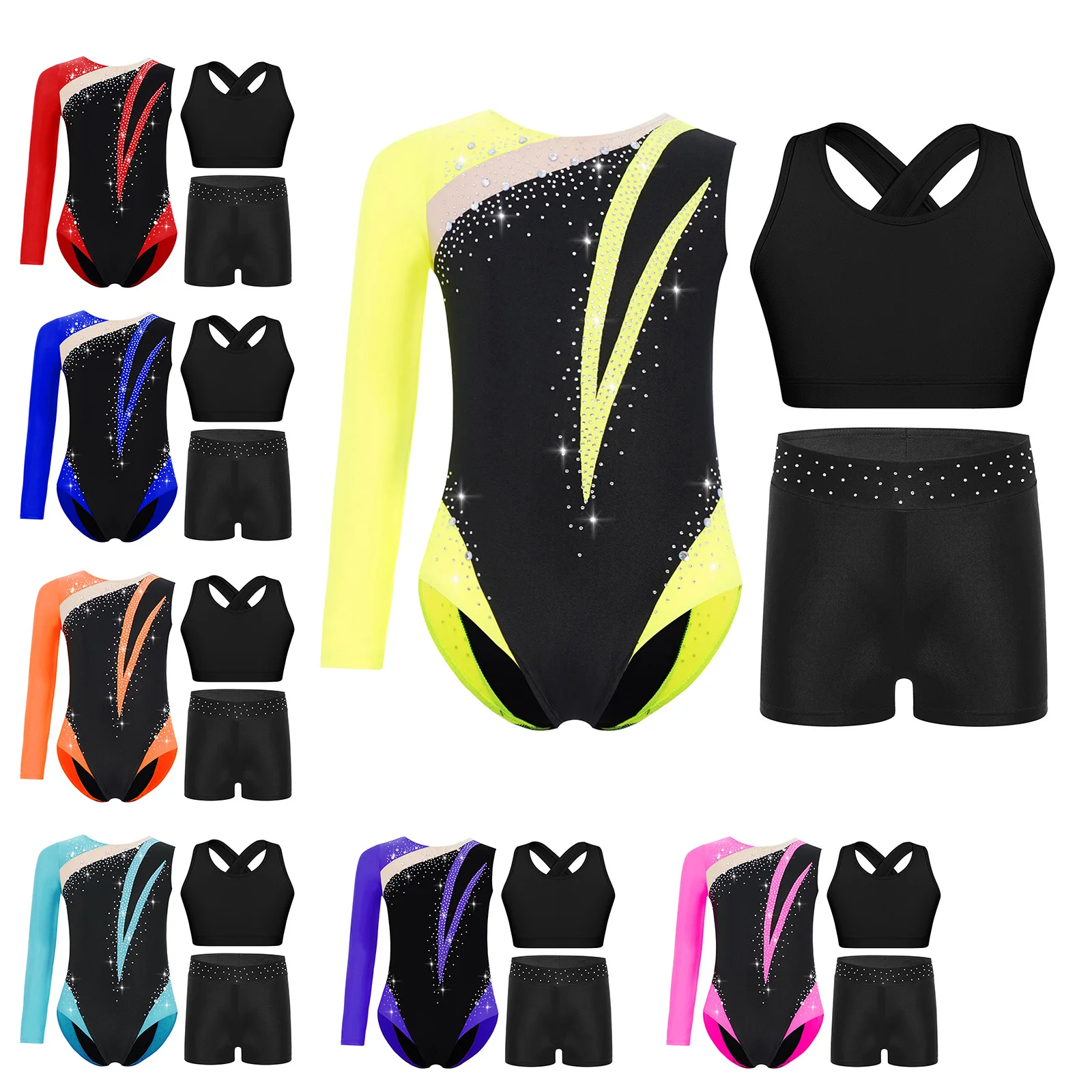 أطفال بنات الجمباز الرقص مجموعات الشكل التزلج الزي الراين غير المتكافئة يوتار مع الصليب عودة ثقب المفتاح سترة والسراويل القصيرة #2