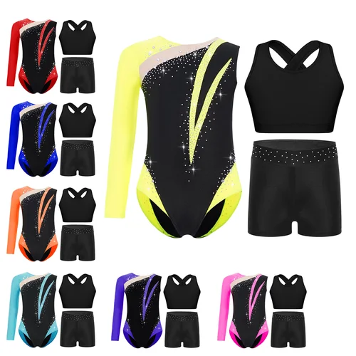 Imagen 2 del producto Conjuntos de baile y gimnasia para niños y niñas, traje deportivo de patinaje artístico, leotardo con diamantes de imitación, chaleco trasero con pantalones cortos, traje de Yoga