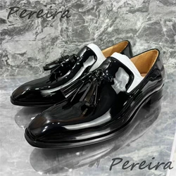Fashion Tassel Men's Formal Shoes Square Toe Patent Leather Low Heel Derbies Summer New Wedding Party Banquet Male Casual Shoes