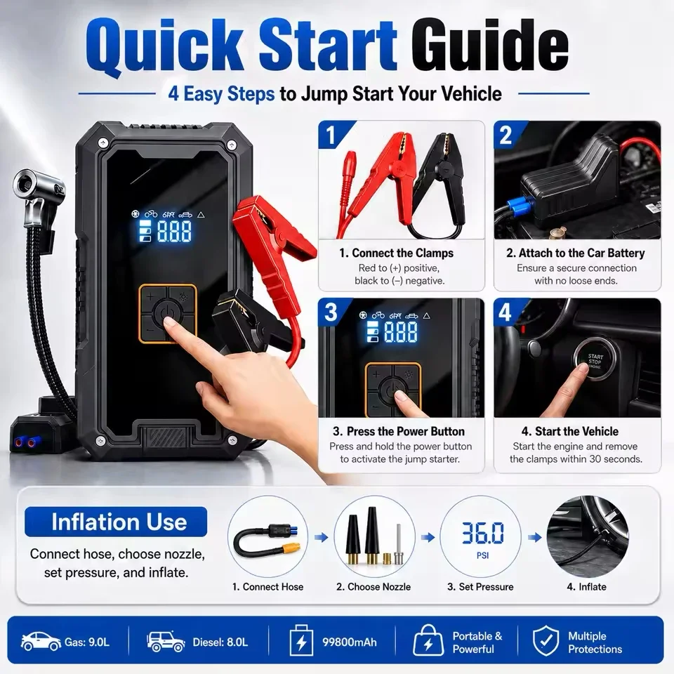 12v Car Jump Starter Battery Booster Air Compressor  Tire Inflator Portable Power Bank LED Light for  Car SUV Motorcycle Truck