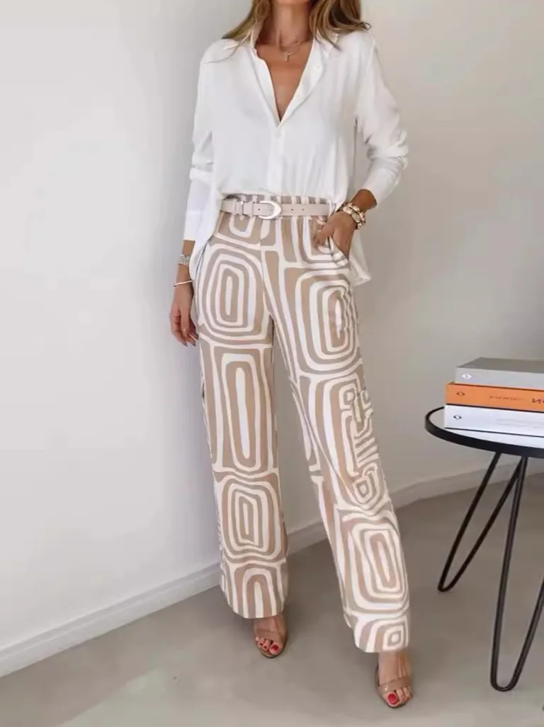 

Casual Women's Suit Outfits Fashion Print White Shirt Loose Trousers Two-piece Set Women Vintage Vacation Suits Female Clothing