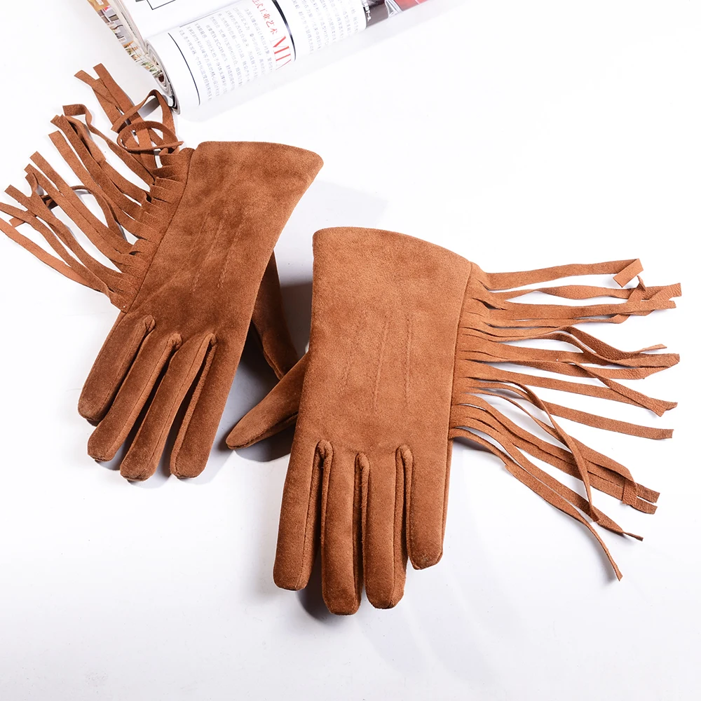 Women's Ladies Genuine Suede Leather Tassel Short Gloves  Warm Velvet Punk Show  Classic Luvas