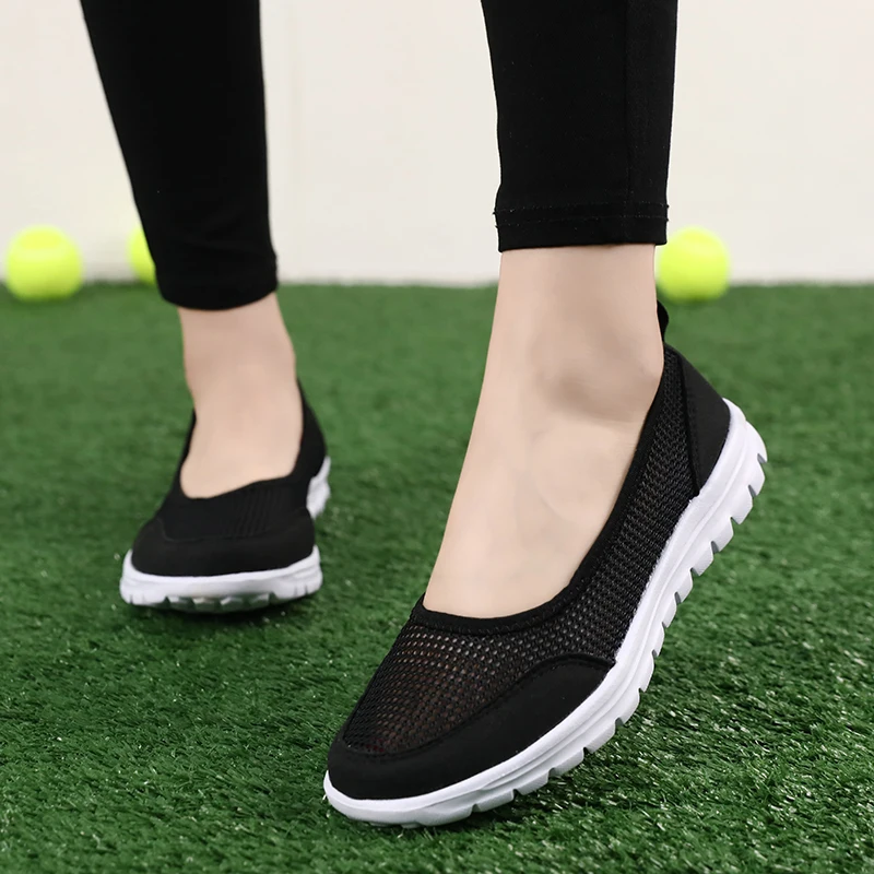 Women Walking Shoes Black Light Mesh Loafer Summer Sports Outdoor Comfortable Flats Breathable Sneakers Big Size 35-42 Sandals