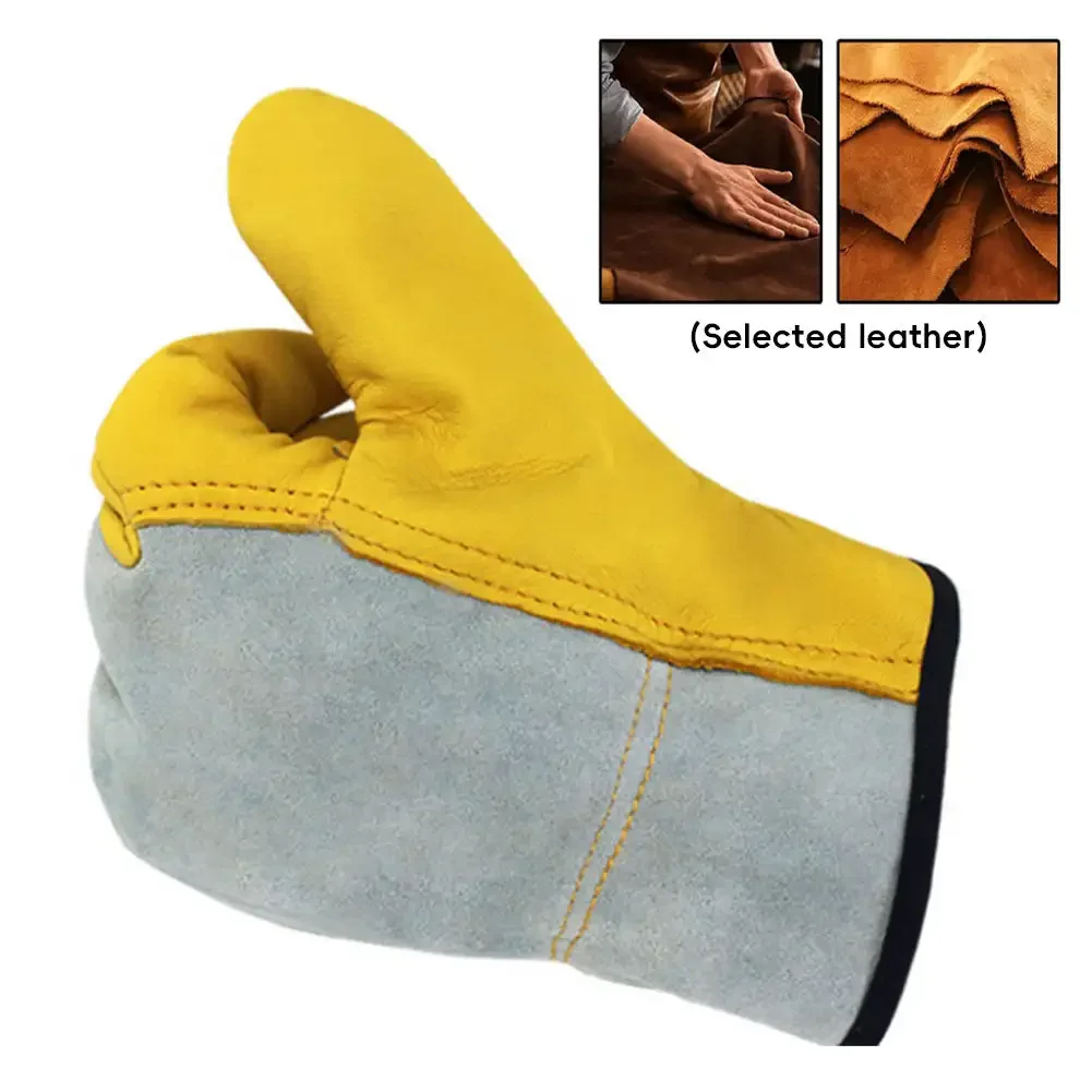 Safety Fire Insulation Sheepskin Work Yard Anti-Cutting Construction Leather Welding Gloves with Clip