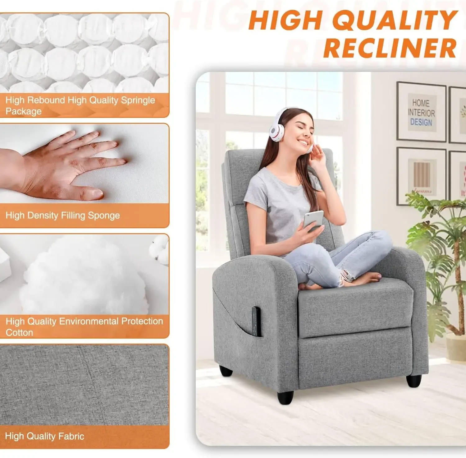 Sweetcrispy-silla reclinable para adultos, sillón pequeño de tela de masaje, asiento de cine en casa con soporte Lumbar, ajustable y moderno