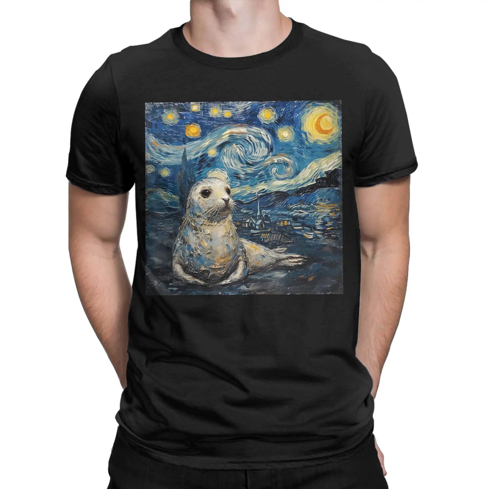 Neil the Seal Starry Night T-Shirts Men  Creative Cotton Tee Shirt Crew Neck Short Sleeve T Shirts Summer Clothing