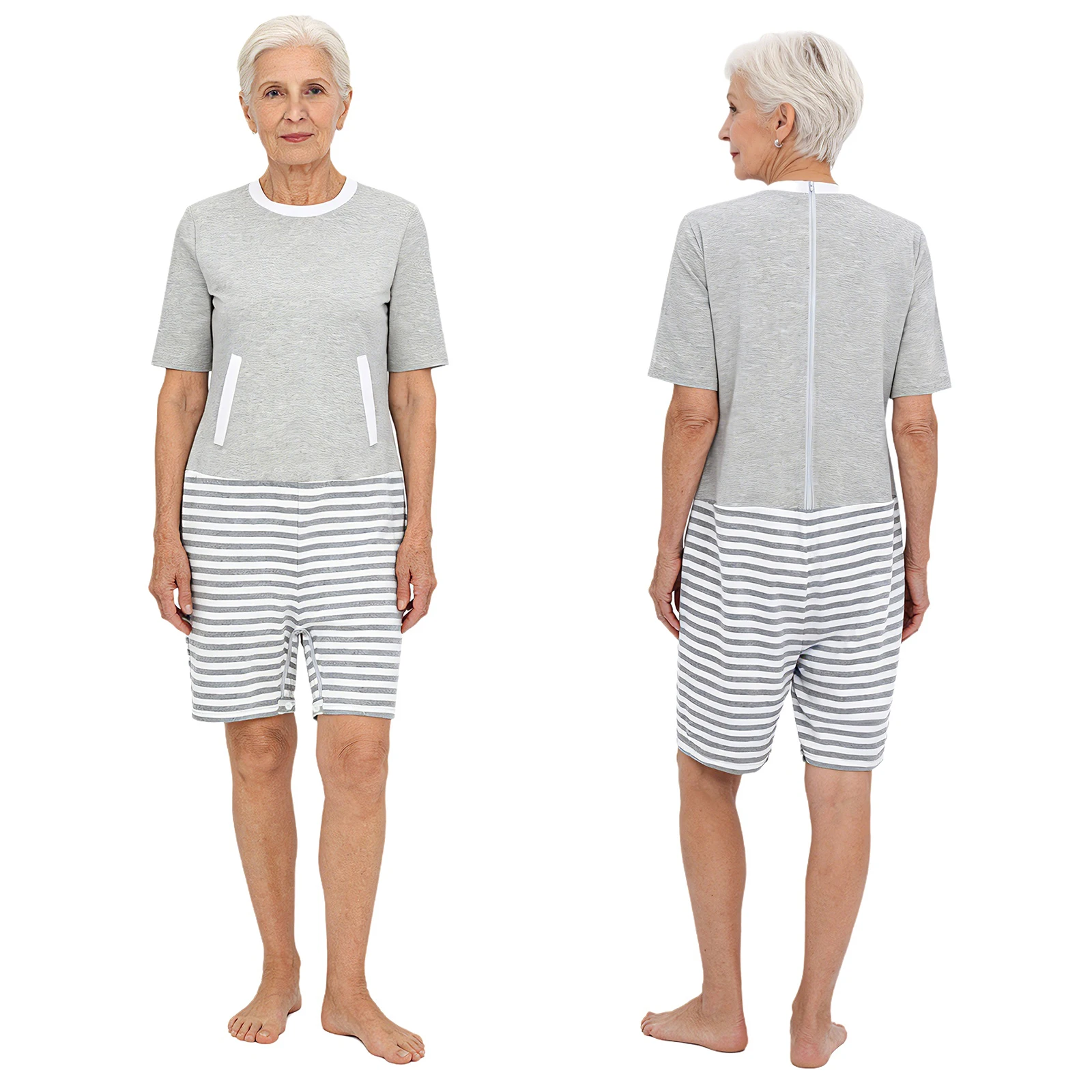 

Womens Elderly Adaptive Clothing Jumpsuit Long Sleeve Back Zipper Anti-Strip Rompers for Special Need Dementia Alzheimer Patient