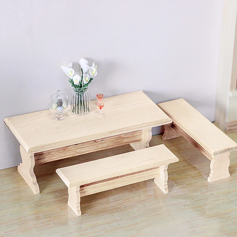 1/12 Doll House Miniature Wooden Table Chair set Simulation Dining table Model Toy for Mini Decoration Dollhouse Accessories bjd