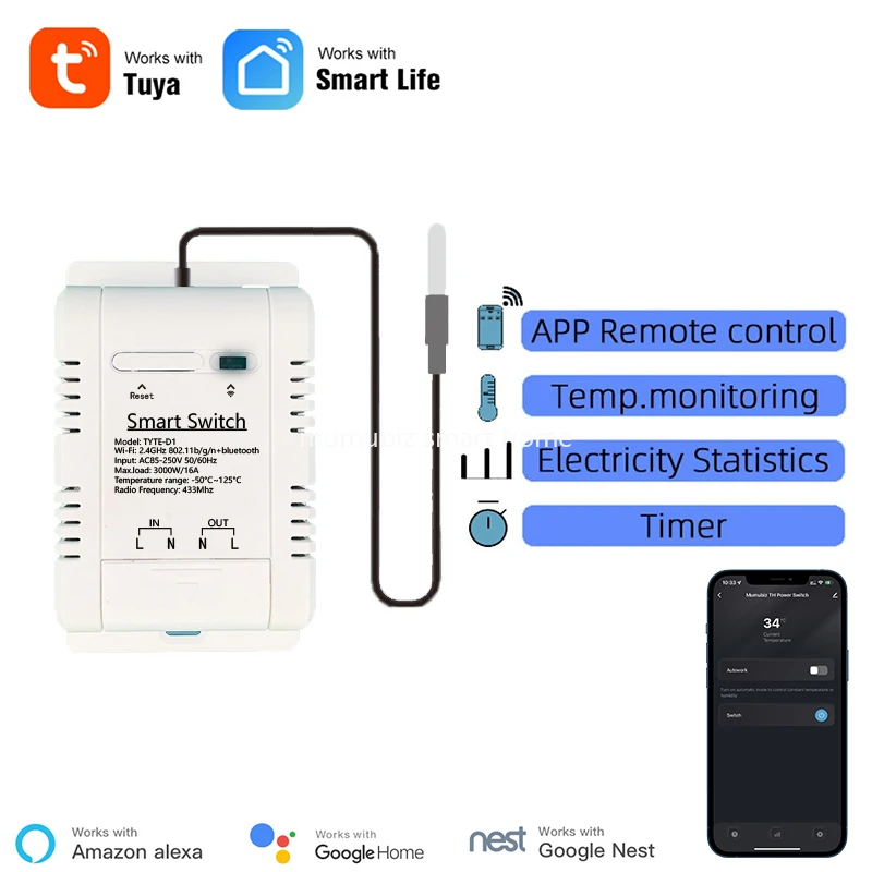 Tuya Smart  Temperature Switch 16A 3000W with Energy Consumption Monitoring RF433 Intelligent Thermostat Compatible with Alexa