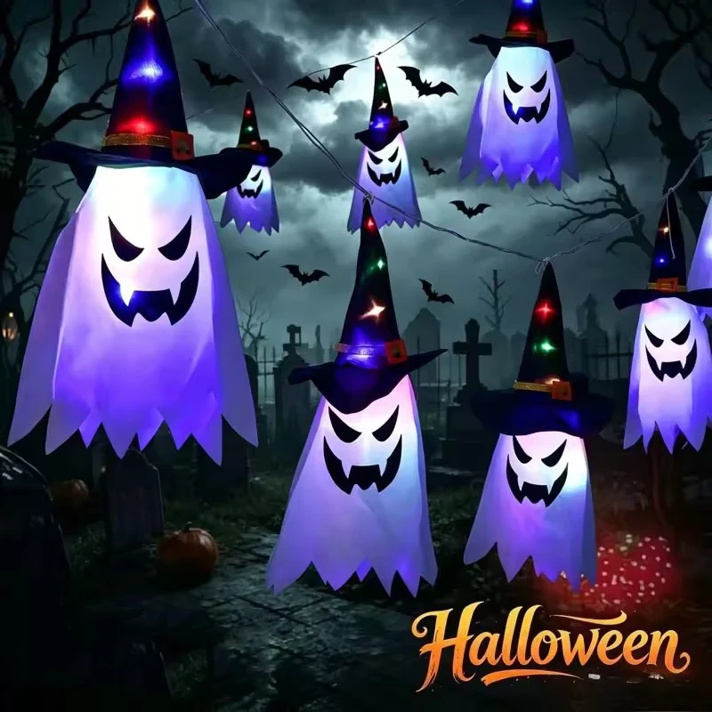 Linternas de Sombrero de Bruja Brillantes para Halloween, Decoración Colgante para Jardín, Porche, Habitación, Interior, Exterior, Accesorios para Fiestas, Luz Fantasma