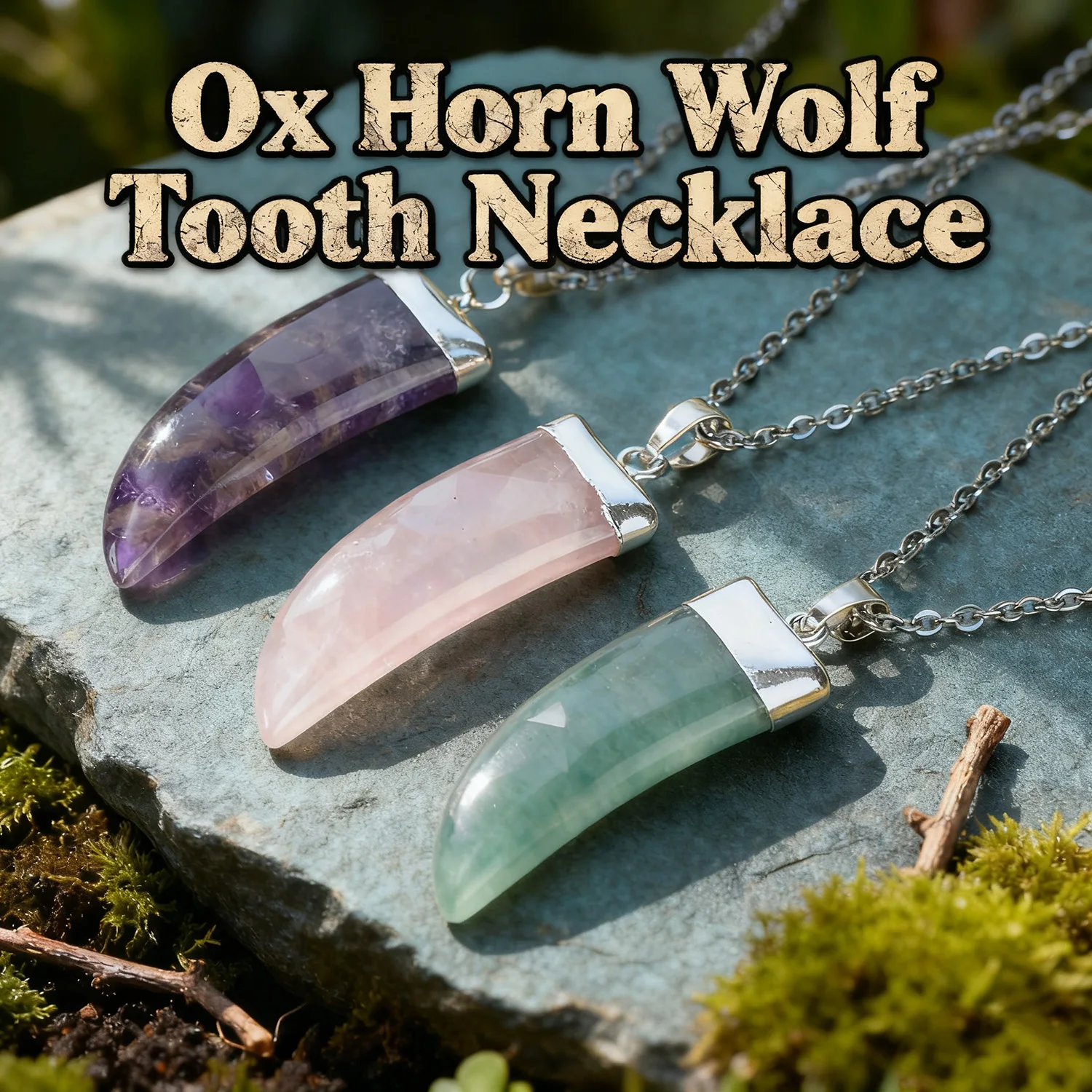 

Natural Crystal Ox Horn Wolf Tooth Pendant Necklace Electroplated Silver Edge Bohemian Style Jewelry Gift for Men & Women