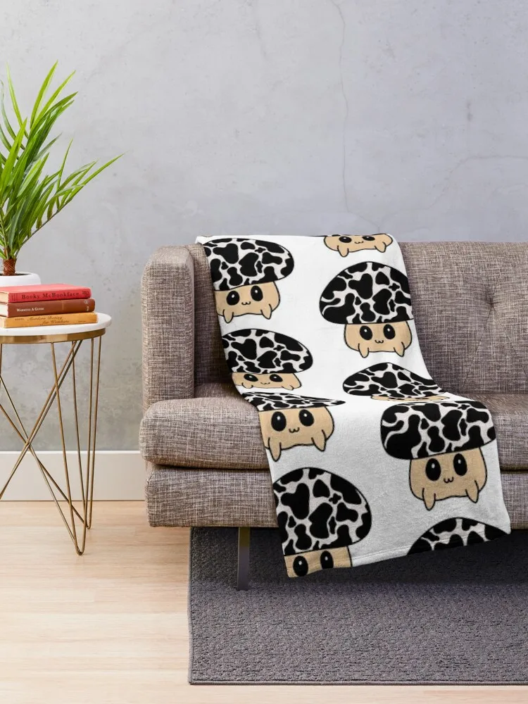 Cute Mushroom with Black Cow Hide Pattern Throw Blanket halloween Furry Picnic Blankets