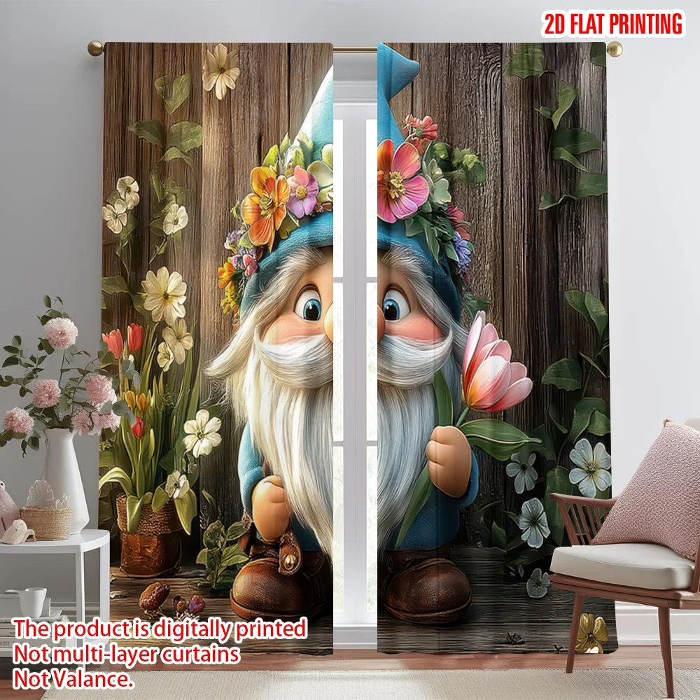 

2D flat printing 2pcs Drapes Spring Garden Gnome Digital Printed Polyester Drapes Festive Wall Decor for Booths Studio
