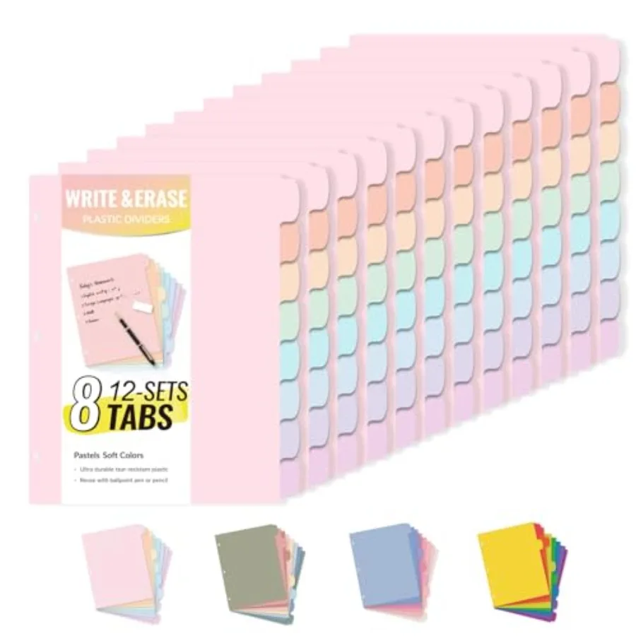 

8 Tabs Long-Lasting Plastic Write and Erase Large Tabs Dividers for 3 Ring Binder Aesthetic Cute Pastels Binder Dividers for St