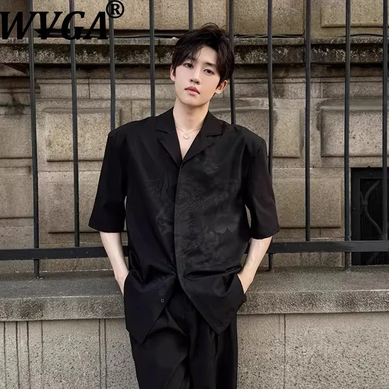 

Мужская рубашка с коротким рукавом и темным принтом WVGA, летняя, из прохладного ледяного шелка, с подплечниками, в зрелом стиле, с кубинским воротником, Ins W21565