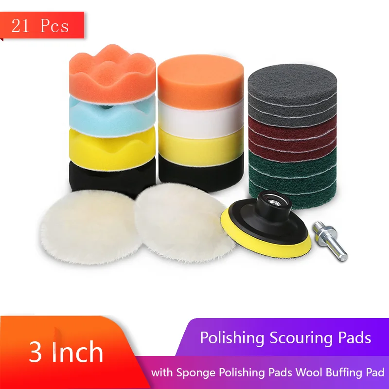 

3 Inch Polishing Scouring Pads with Sponge Polishing Pads Wool Buffing Pad 21 Pcs with Drill Adapter for Sanding Polishing