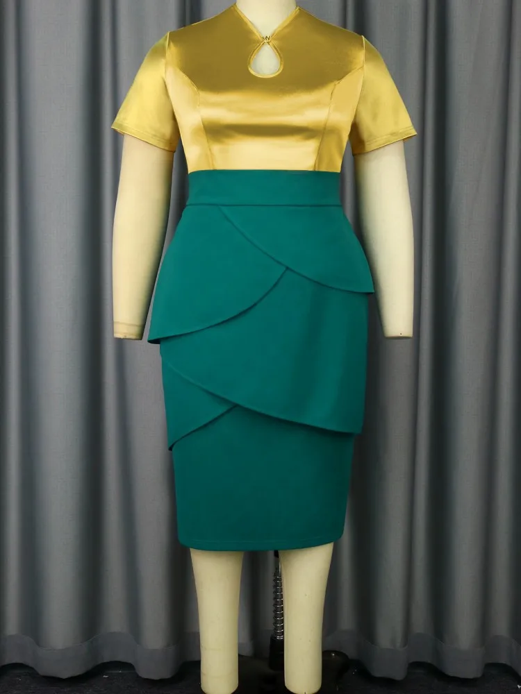 طقم مكون من قطعتين ملابس بمقاسات كبيرة للصيف والخريف ورقبة على شكل حرف v وأكمام قصيرة وتنورة ميدي أطقم نسائية ملابس خروج بدلة مكتب للسيدات