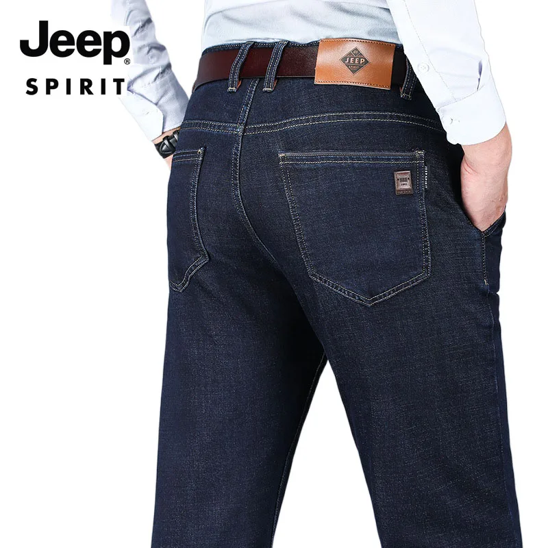 JEEP SPIRIT autumn and winter new men comfortable warm jeans casual loose thickened large size business straight denim trousers